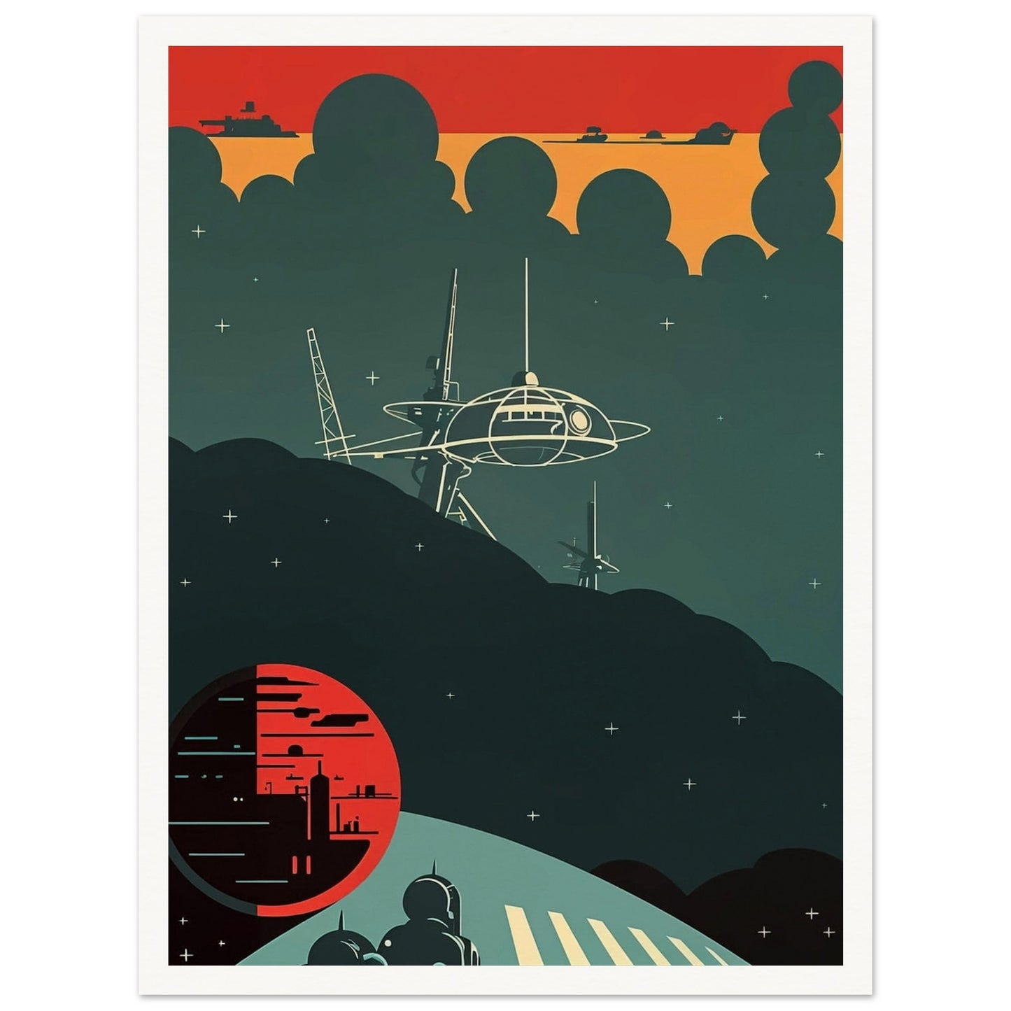 A futuristic scene featuring a space station silhouetted against a dark sky with a glowing red planet in the background, capturing a moment of eerie calm in space.