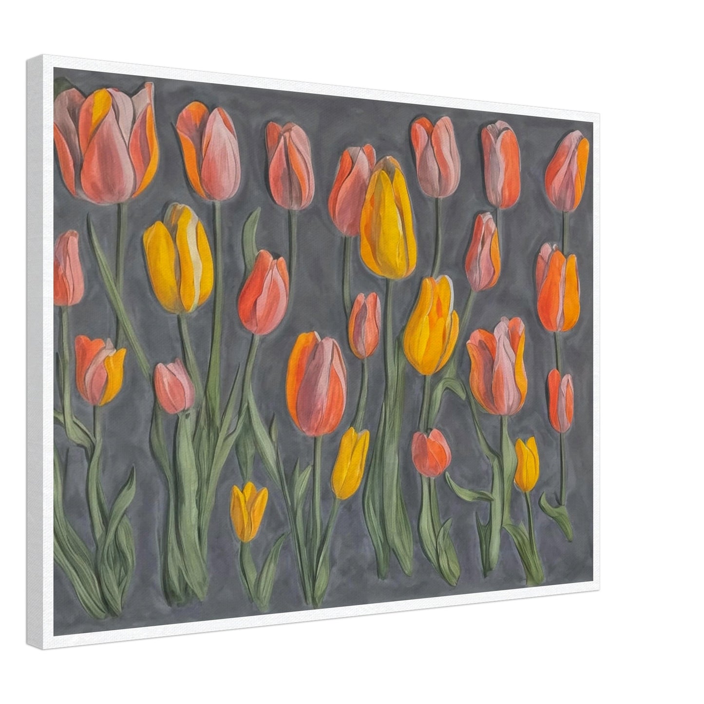 A charming display of orange and yellow tulips standing tall against a muted gray background, showcasing their vibrant colors and graceful stems.