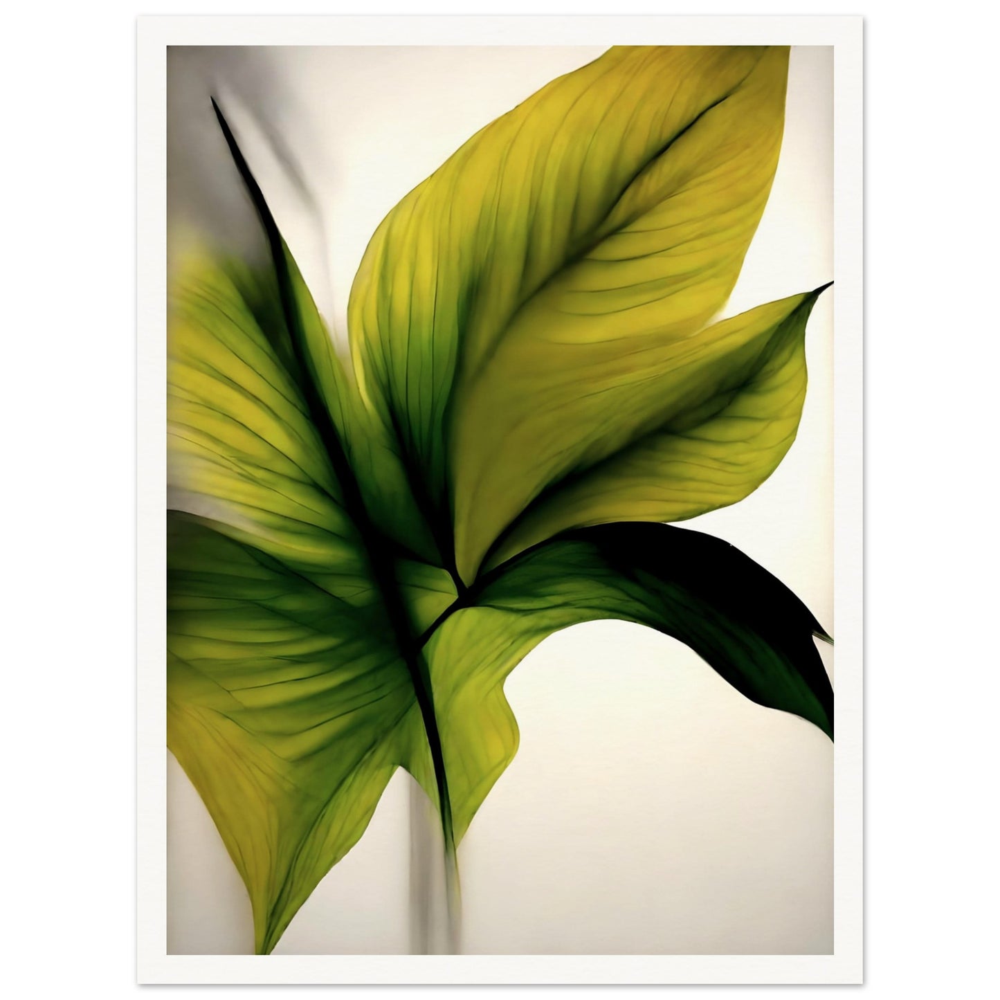 A minimalistic and elegant painting of lush green and golden leaves, highlighting delicate textures and veins against a soft, light background.