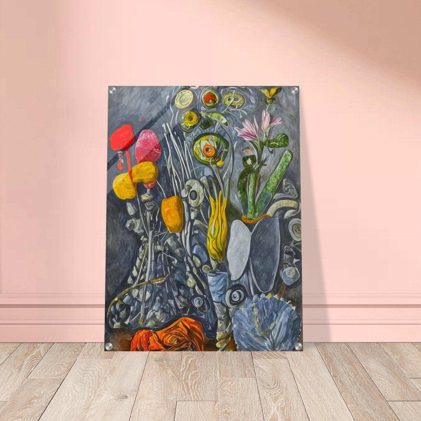A surreal still-life composition of abstract flowers and plants in vibrant yellows, reds, and greens, set against a textured gray background.