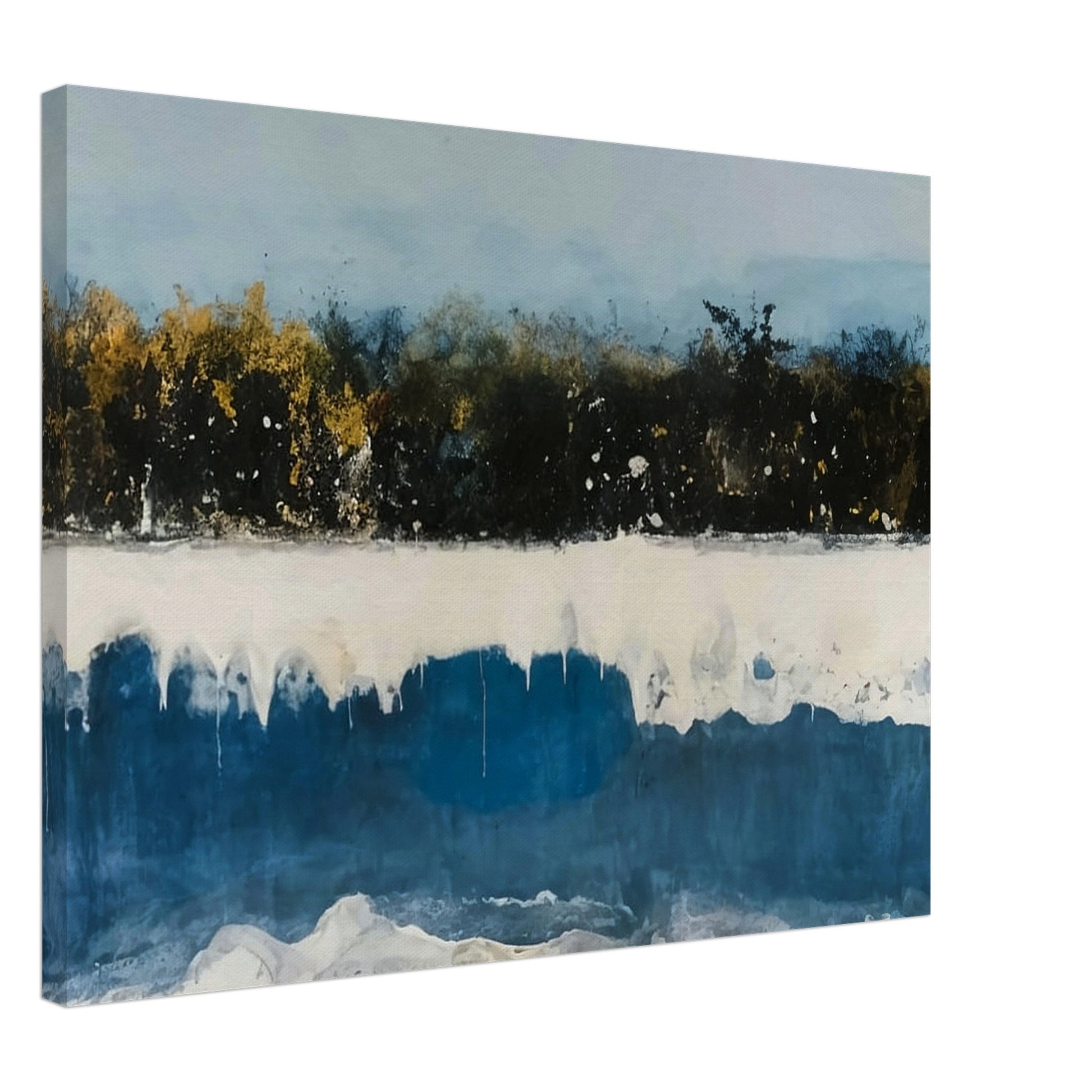 A shoreline with rich blue tones and golden trees under a soft sky, blending natural elements in a peaceful and dreamlike setting