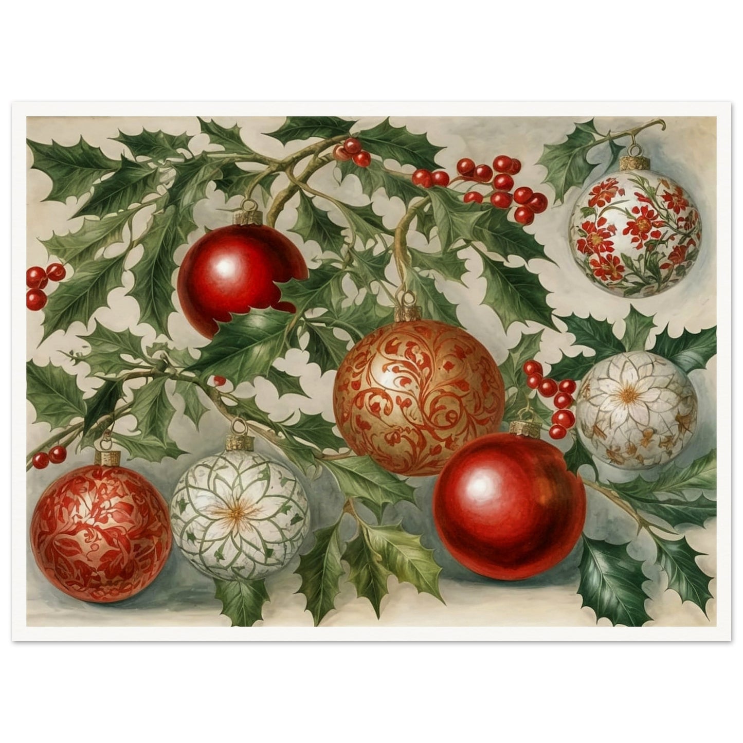 A festive display of red and gold Christmas ornaments hanging from holly branches, adorned with intricate floral and scroll patterns, evoking holiday elegance and warmth.