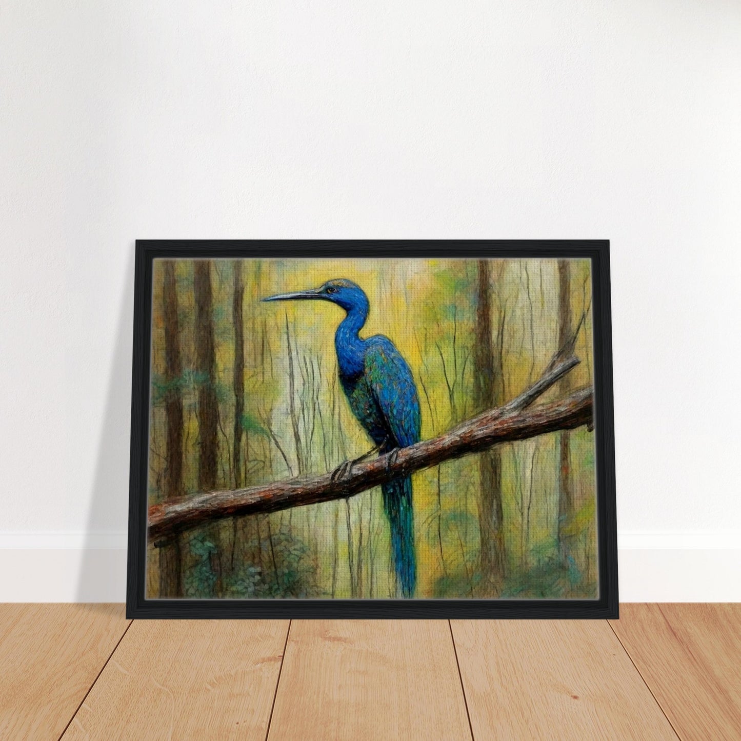 "A detailed painting of a vibrant blue bird perched on a tree branch in a forest, surrounded by soft, natural light filtering through the trees."