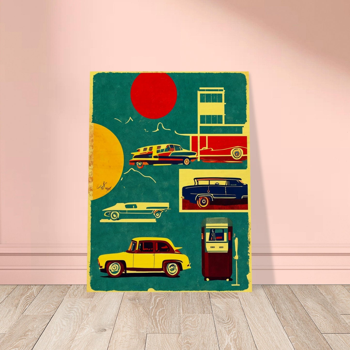 A vibrant artwork featuring classic vintage cars and a retro gas pump in bold colors, set against a backdrop of red and yellow suns.