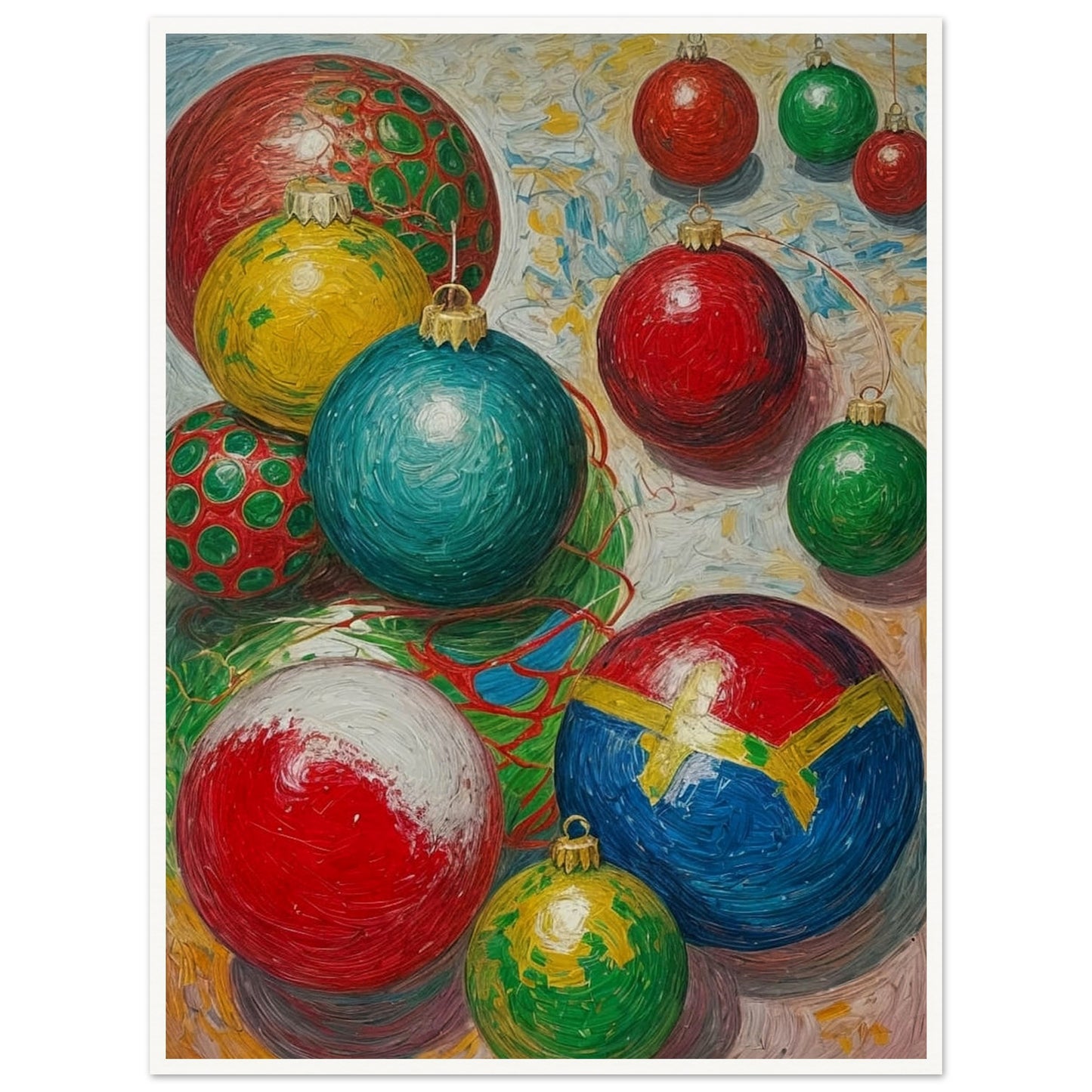 A collection of colorful Christmas ornaments in red, green, blue, and yellow, arranged in a playful and vibrant composition, evoking holiday cheer.