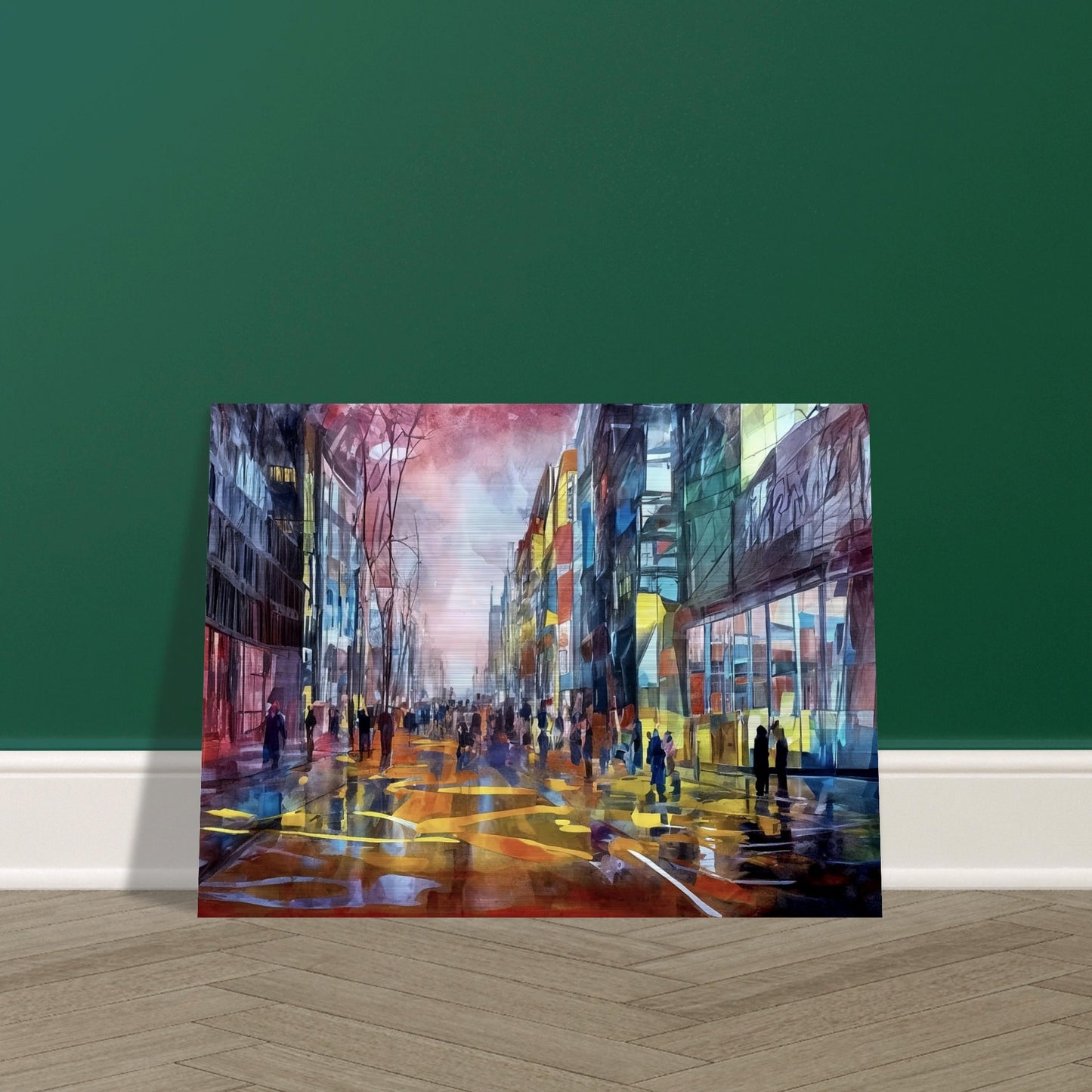 A colorful urban scene depicting people walking down a city street lined with tall buildings, illuminated by vibrant reflections of city lights and set against a dramatic sky.