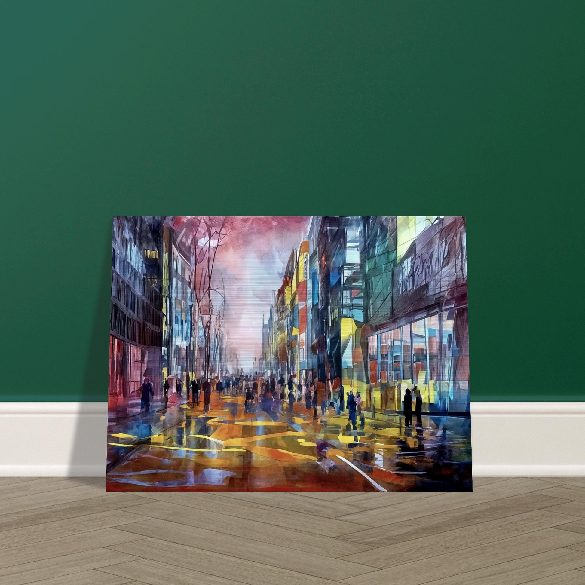 A colorful urban scene depicting people walking down a city street lined with tall buildings, illuminated by vibrant reflections of city lights and set against a dramatic sky.