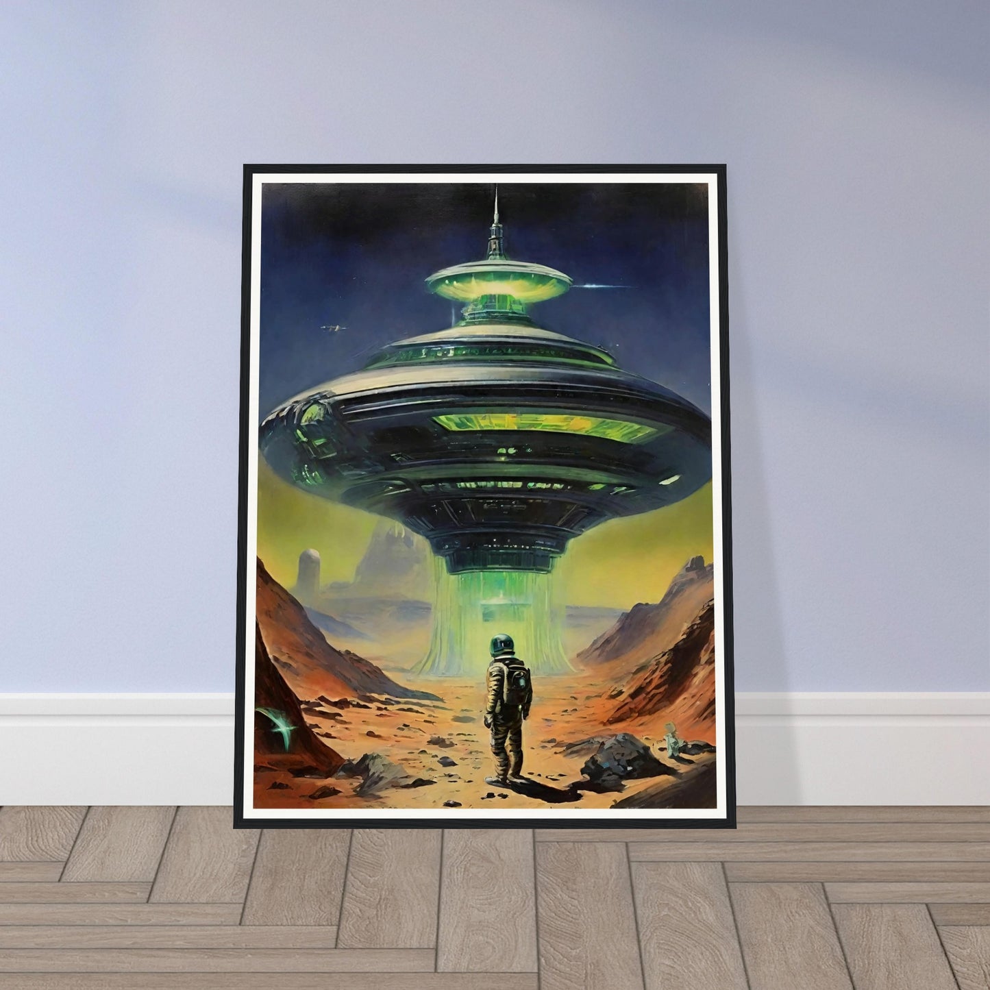 A sci-fi painting of an astronaut standing in front of a large, illuminated alien spacecraft on a barren landscape.