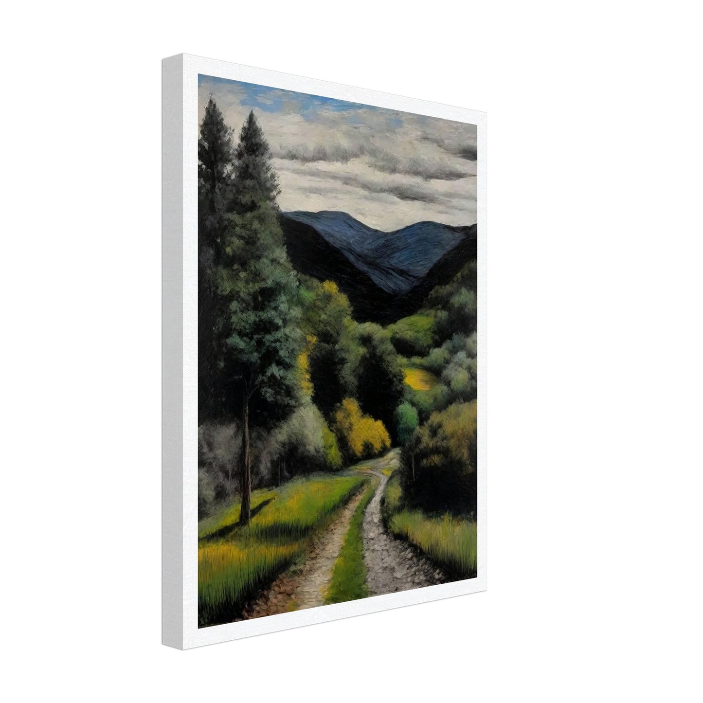 A picturesque landscape painting of a winding path leading through a verdant forest, with tall trees and lush green foliage. In the background, blue mountains rise under a partly cloudy sky, creating a serene and inviting scene.