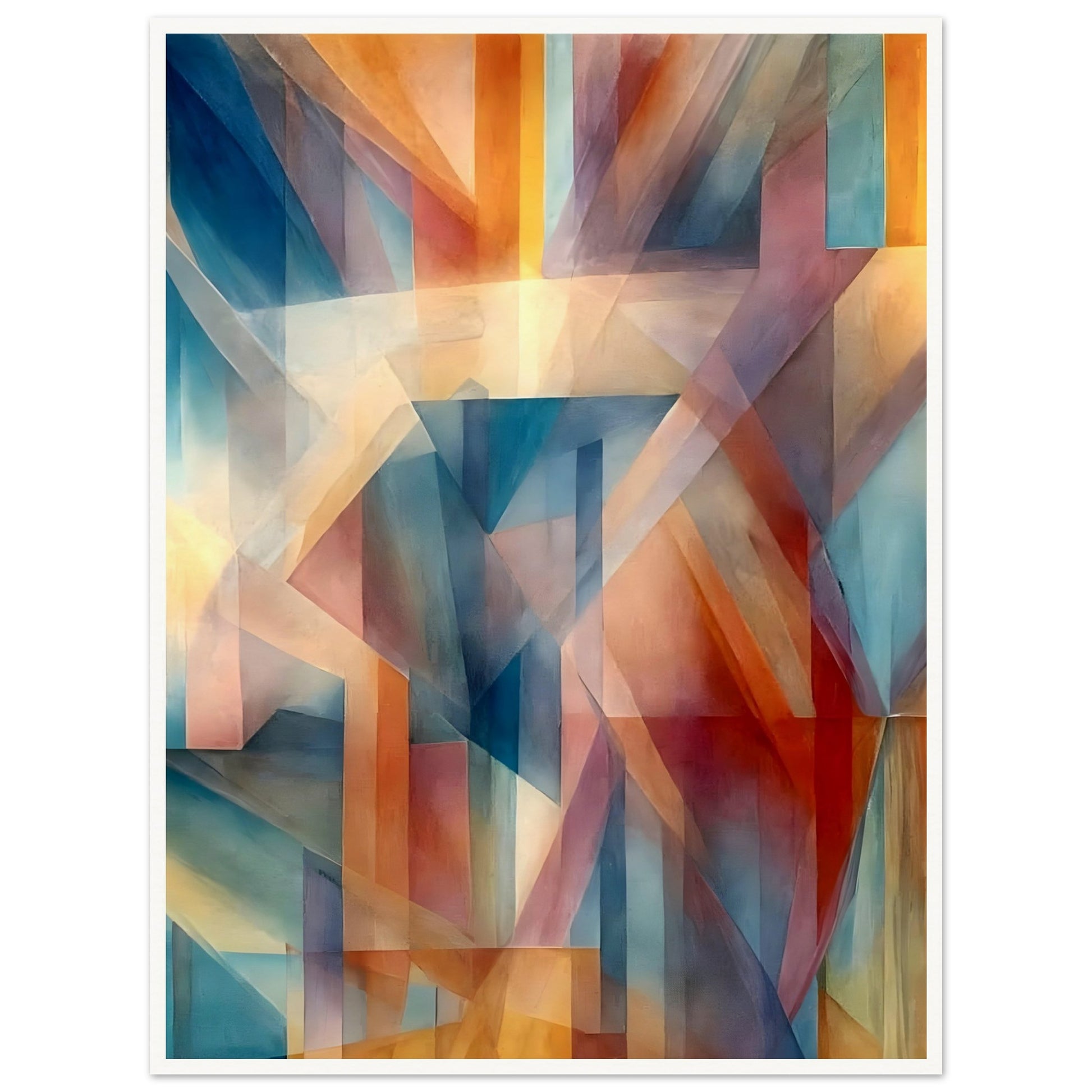 An abstract geometric artwork with interlocking shapes in warm oranges, reds, and cool blues, blending together to create a sense of depth and shifting light.