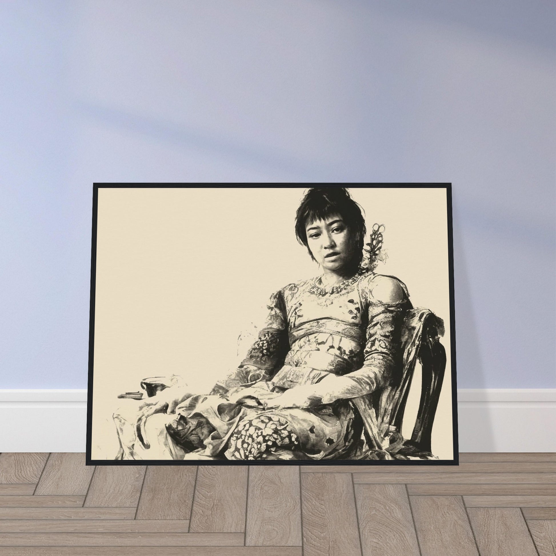 A vintage-style sepia portrait of a seated woman in ornate, intricate clothing, exuding calm grace and poise, captured with a soft, timeless aesthetic.