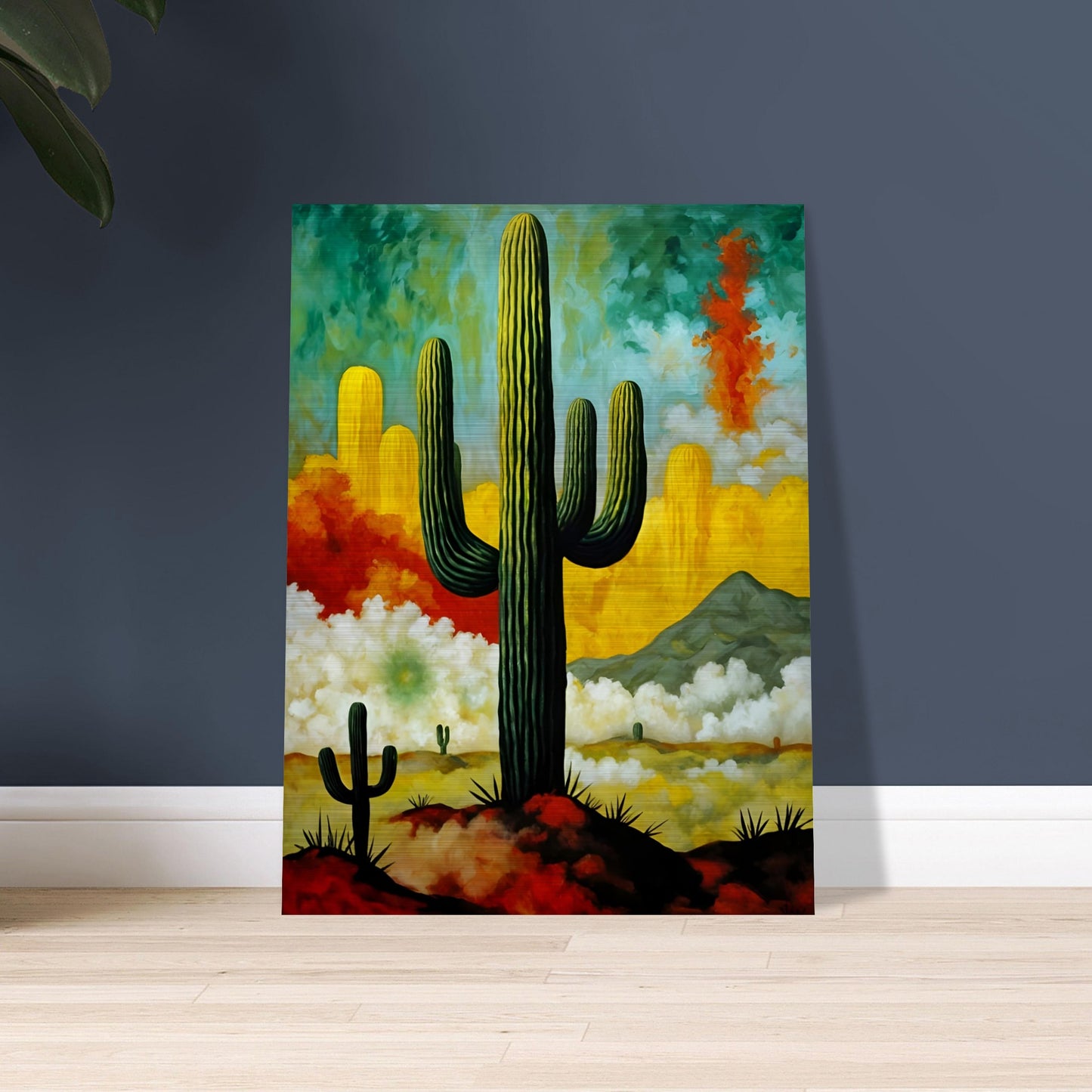A striking painting of towering cacti set against a vivid desert sky, with swirling clouds, golden hues, and a distant mountain.