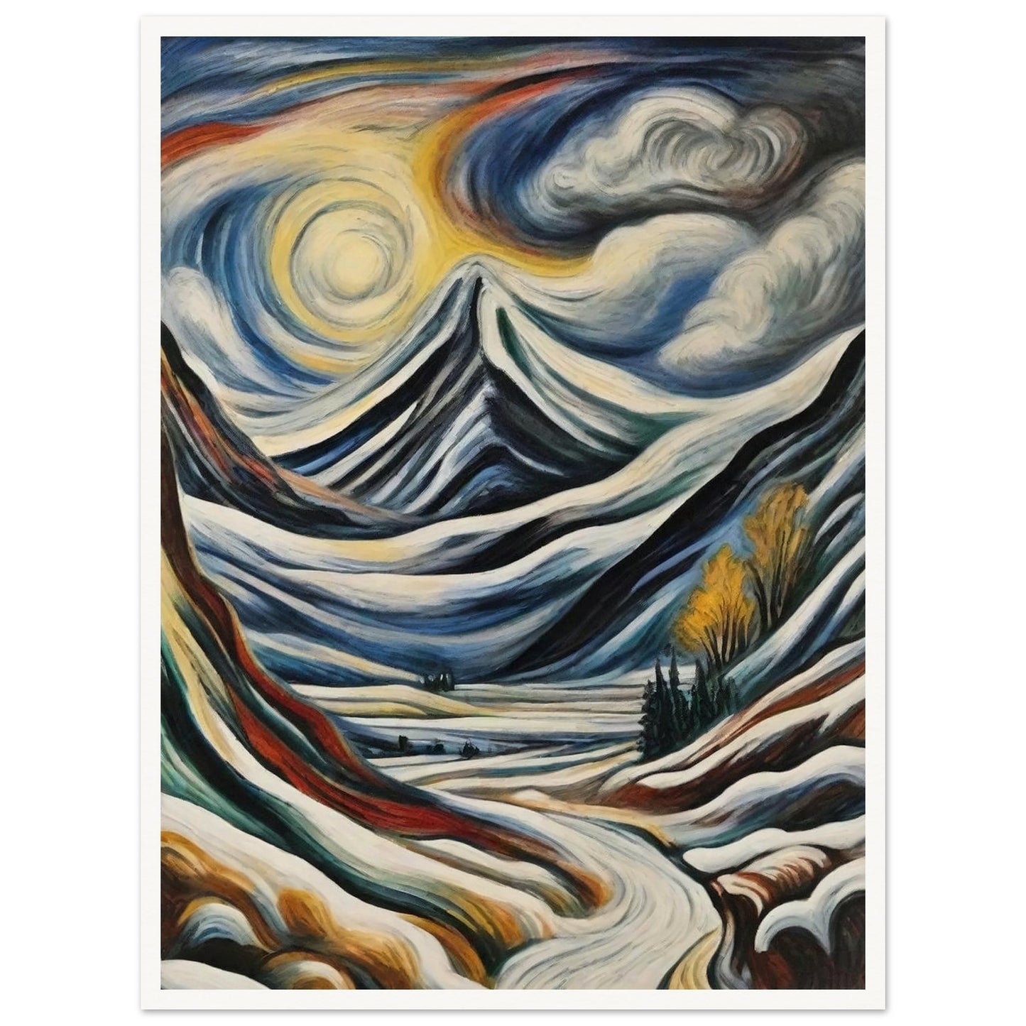 "A stunning depiction of snow-covered mountains beneath swirling clouds and a glowing sun, with a winding path leading into the scene."