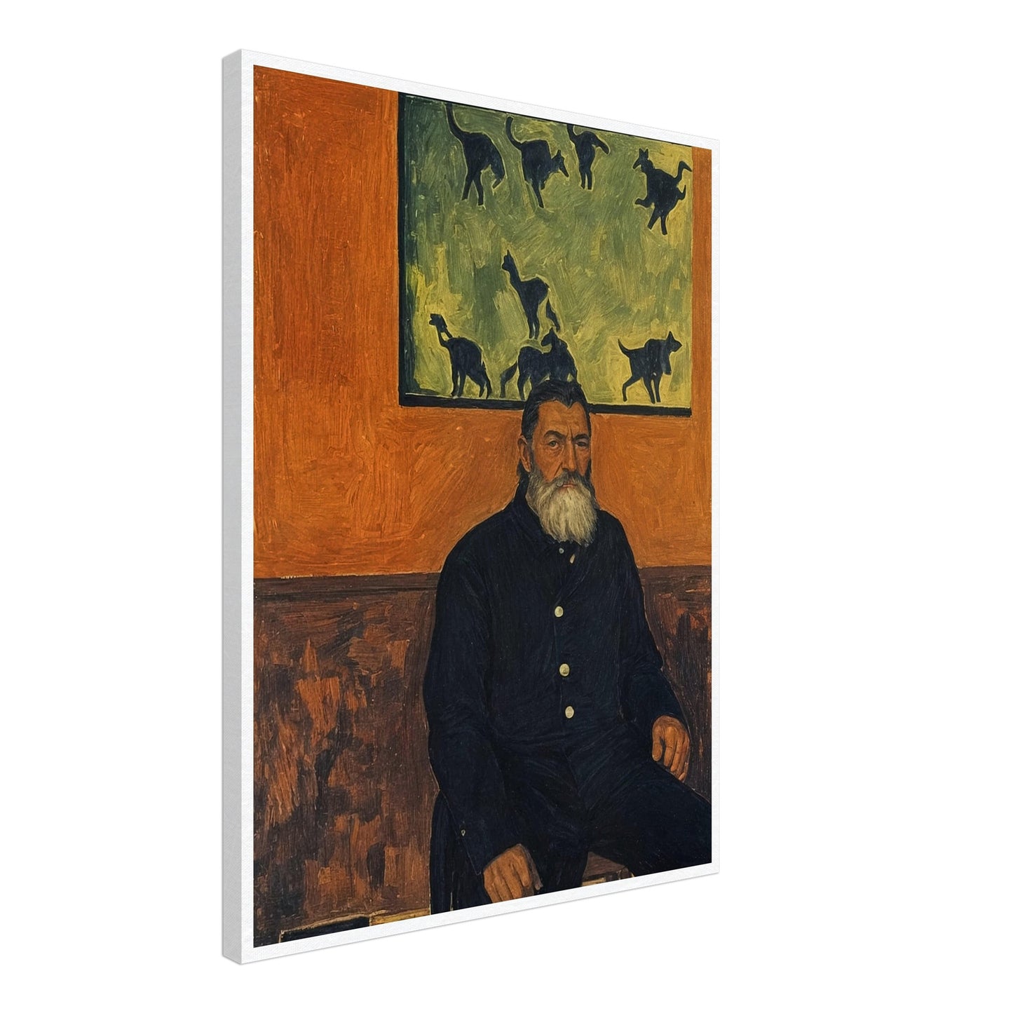 A bearded man seated against a burnt orange wall, gazing into the distance with a painting of cats behind him, exuding a quiet, contemplative presence.