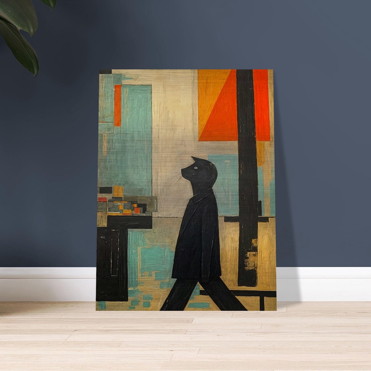 A stylized painting of a black cat walking upright, set against a geometric backdrop with muted tones of blue, orange, and beige.