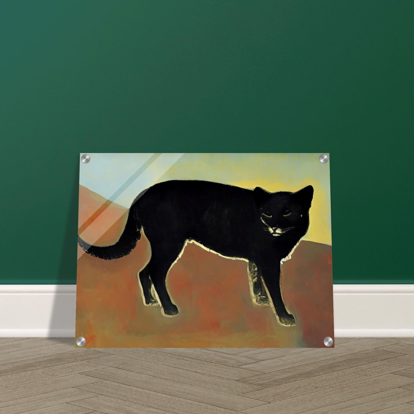 A dark and enigmatic black cat with piercing eyes stands against a warm, earthy backdrop in a minimalist style.