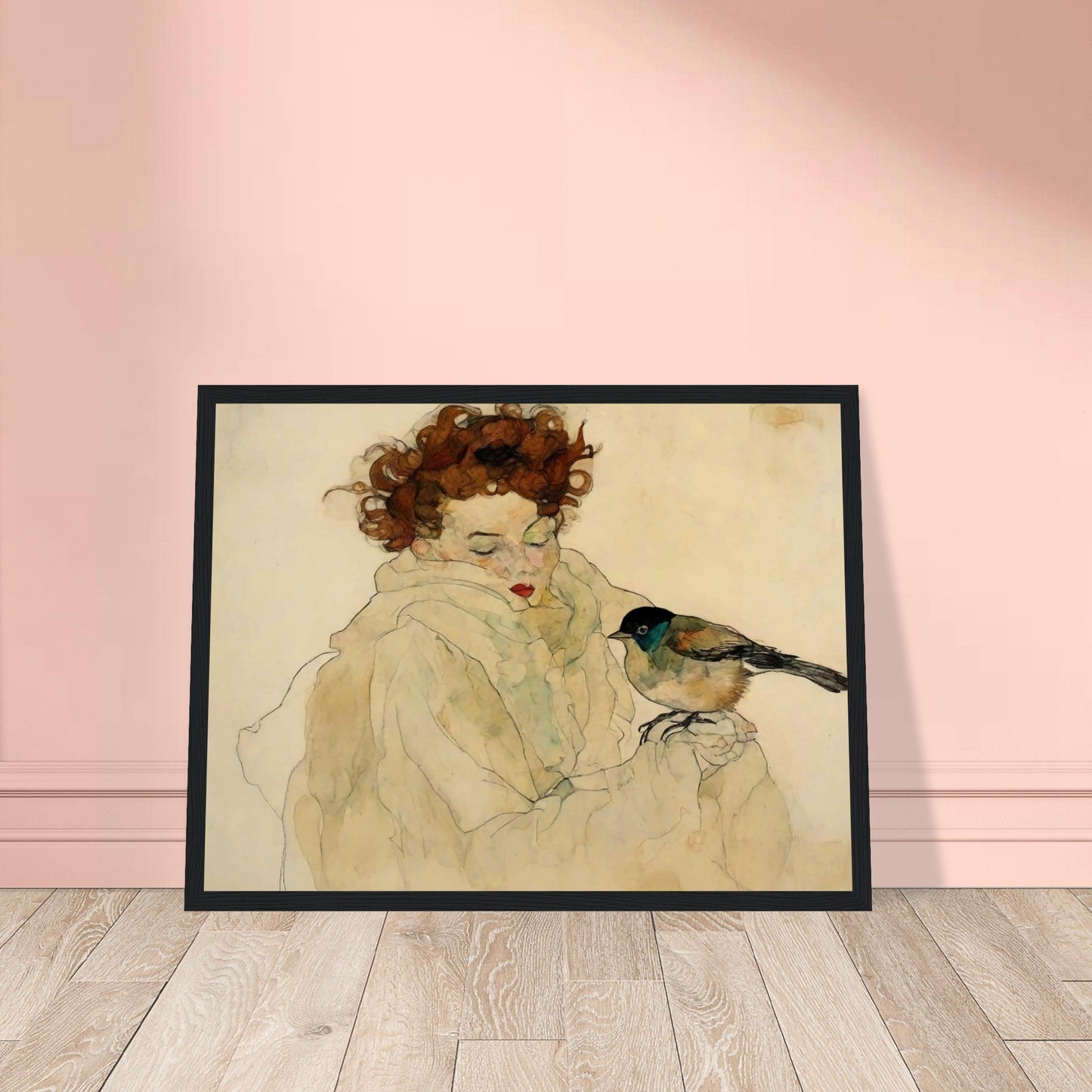"A soft, expressive portrait of a woman with curly hair and a bird perched on her hand, both surrounded by gentle, muted tones."