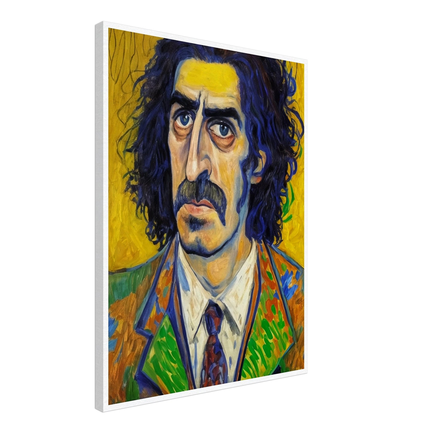 A vibrant portrait of a man with deep-set eyes and thick mustache, framed by wild dark hair. His colorful, patterned suit contrasts with a vivid yellow background.