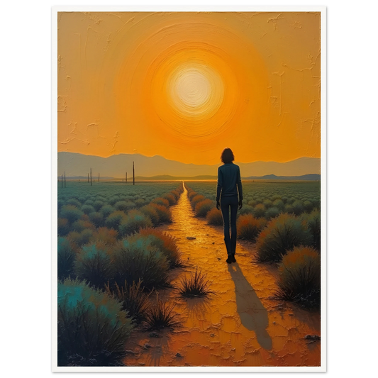 A lone figure walks down a glowing desert path under a vast golden sun, casting a long shadow in the warm, textured landscape.