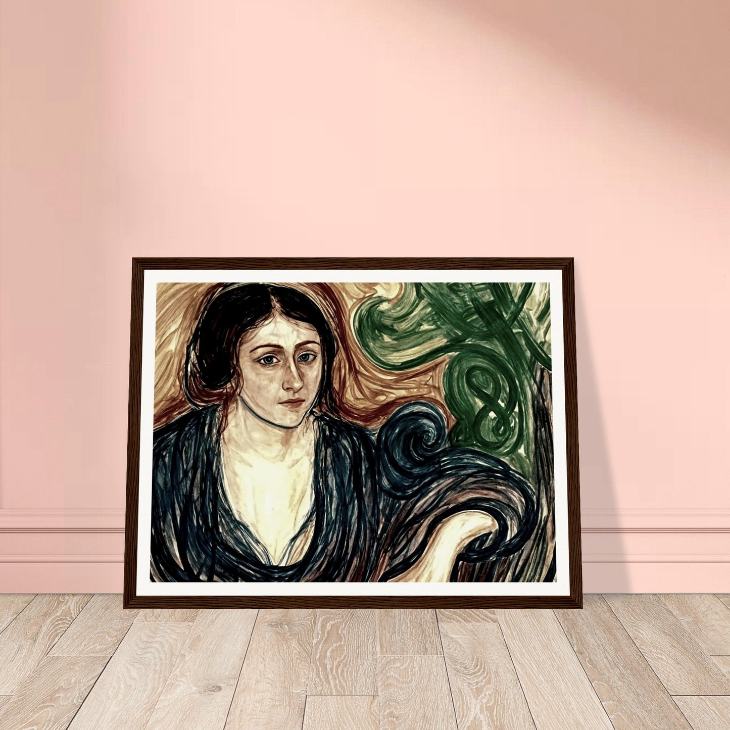 A contemplative portrait of a woman with dark hair, dressed in a flowing blue robe, surrounded by swirling patterns of green and brown.