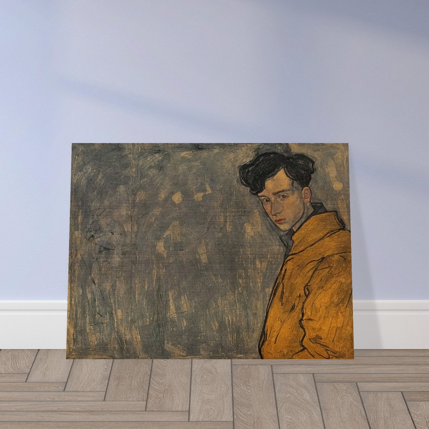 A portrait of a young man in a yellow jacket, his thoughtful expression framed against a muted, textured background.