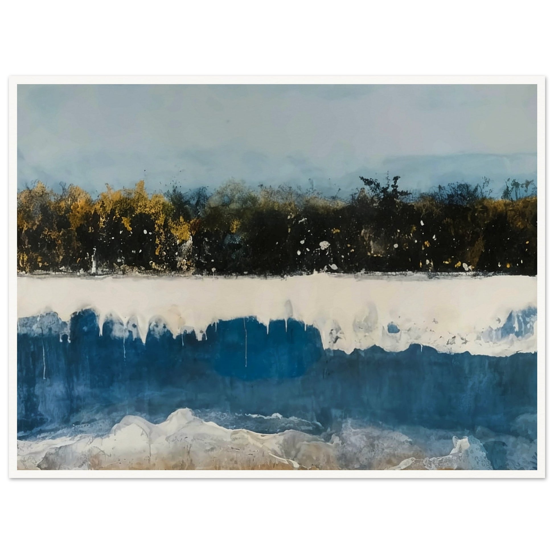 A shoreline with rich blue tones and golden trees under a soft sky, blending natural elements in a peaceful and dreamlike setting