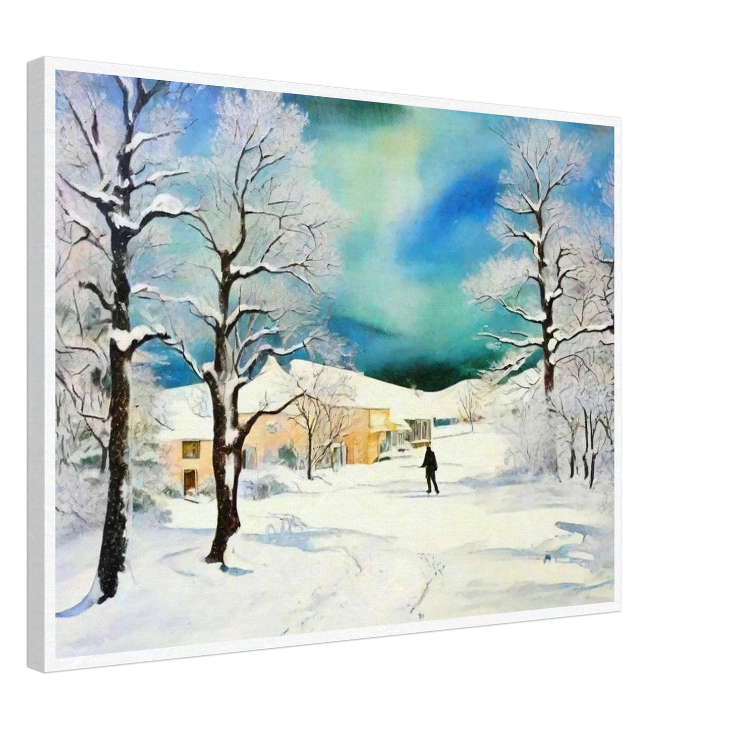 A serene winter landscape featuring snow-covered trees, a lone figure walking through the snow, and warm houses nestled under a stunning blue-green sky.