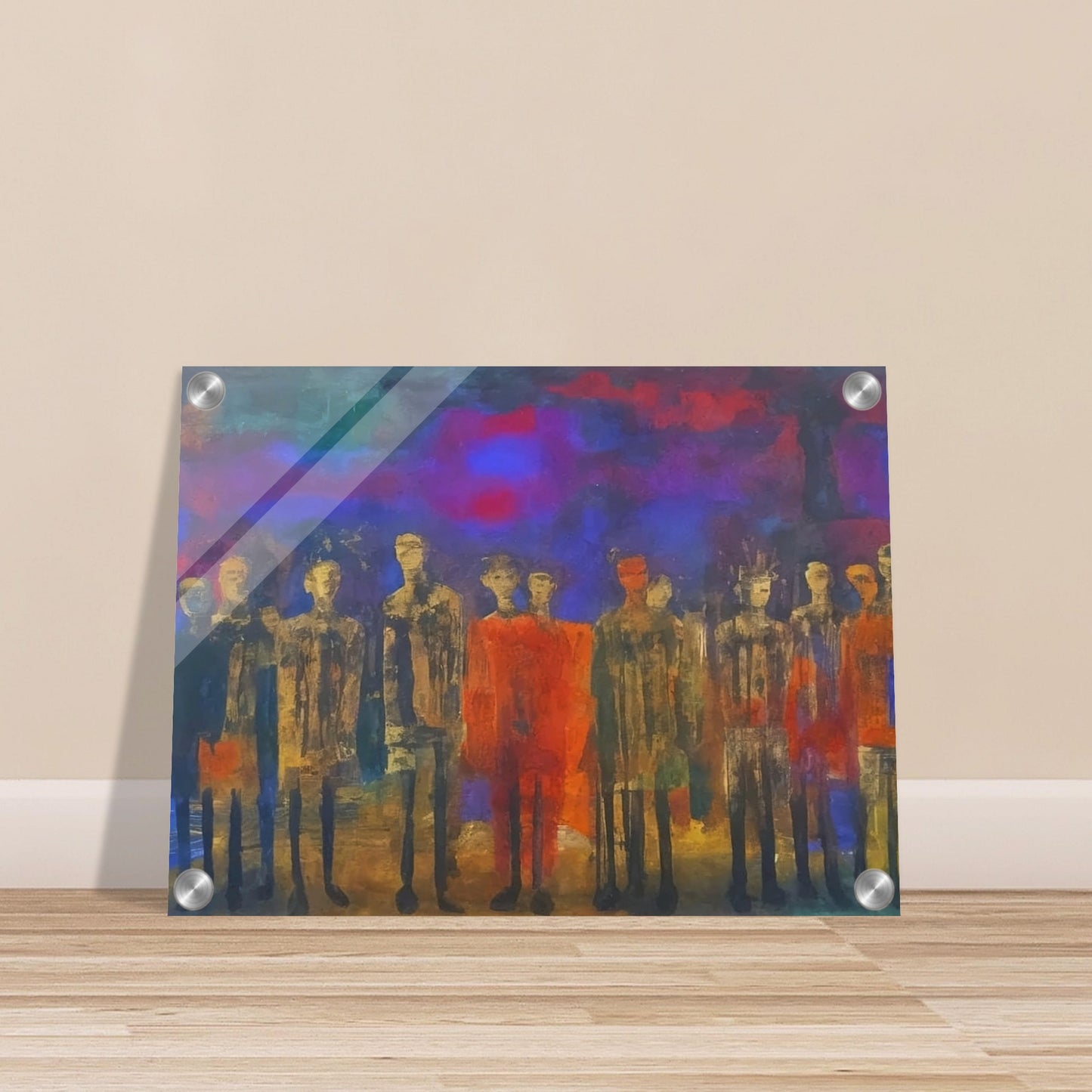 A mysterious gathering of figures in muted tones, set against a vibrant, multicolored backdrop that evokes a sense of silent contemplation.
