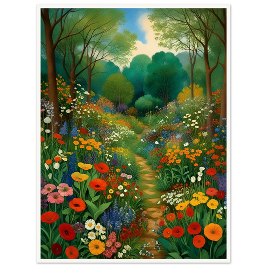 A vibrant forest path surrounded by colorful wildflowers in full bloom, leading into lush green trees beneath a soft golden sky.