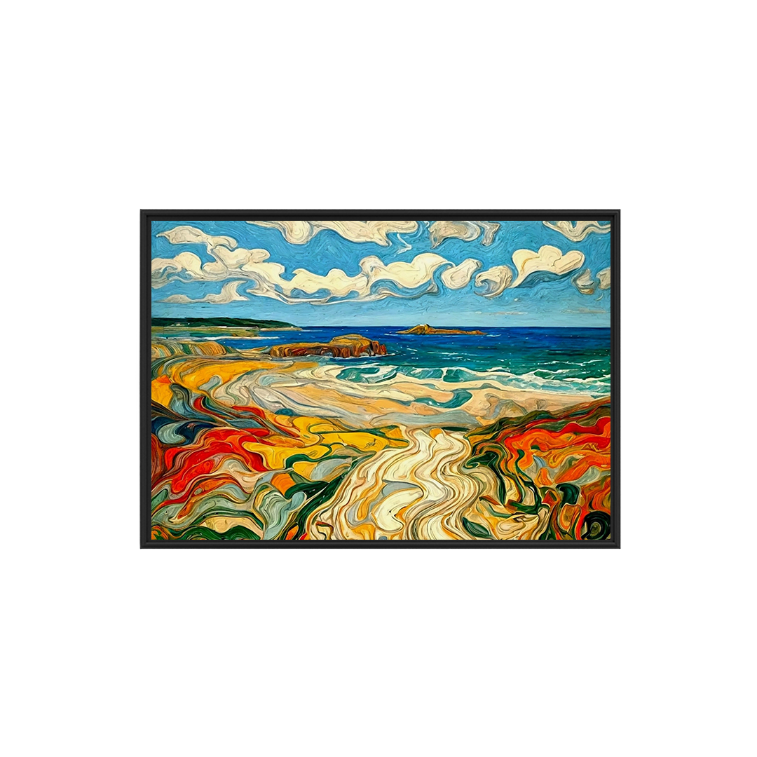 Abstract beach house artwork with swirling, colorful waves, golden sands, and a vivid blue ocean under a bright, dynamic sky.