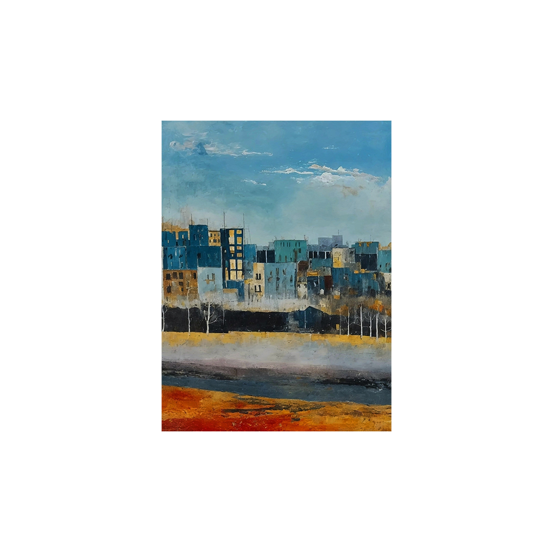 Abstract cityscape painting with blue-toned buildings, cloudy sky, and a warm foreground in earthy tones.