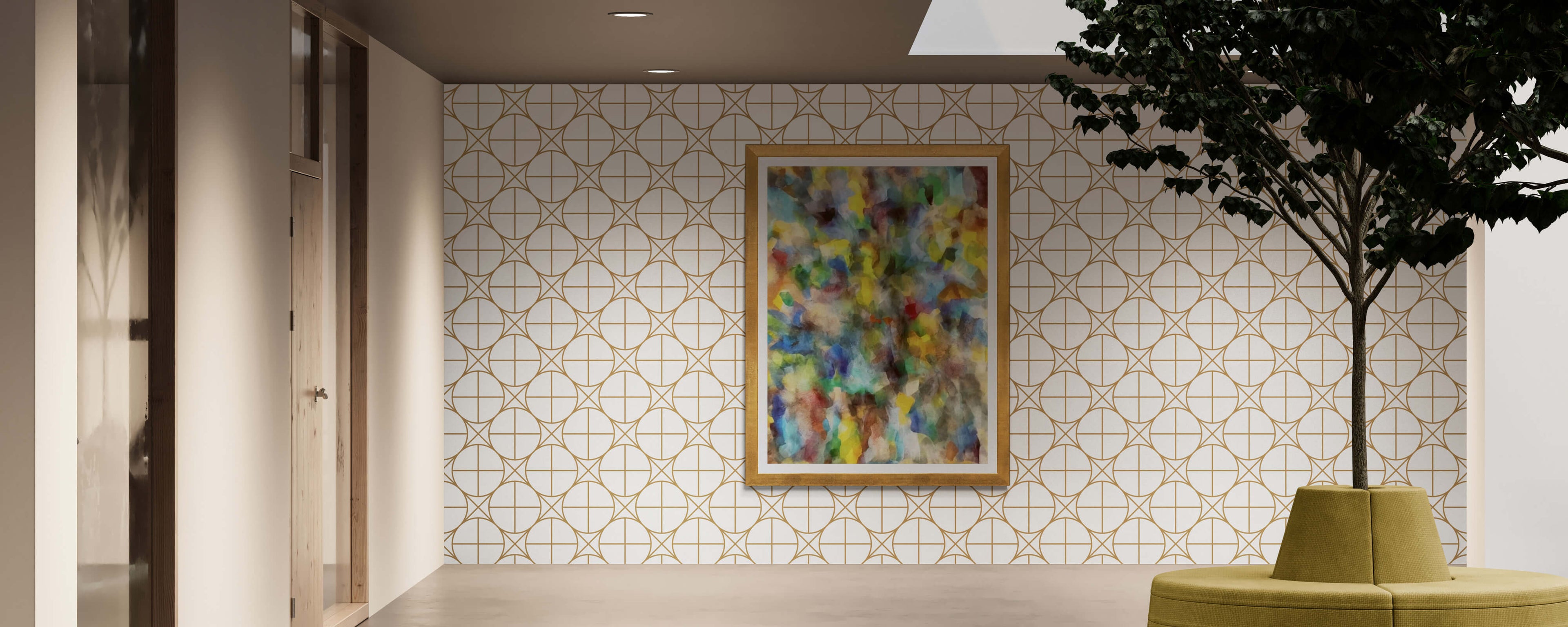 Modern lobby area featuring a vibrant abstract wall art framed in gold, placed on a patterned wall with minimal seating and a decorative indoor tree.