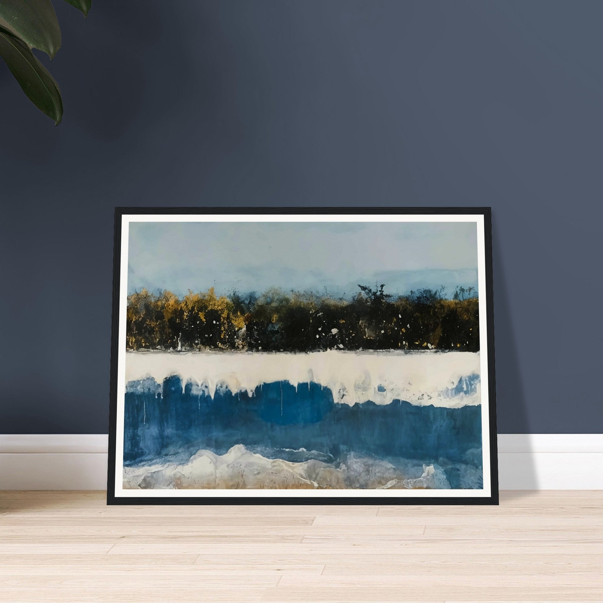 A shoreline with rich blue tones and golden trees under a soft sky, blending natural elements in a peaceful and dreamlike setting