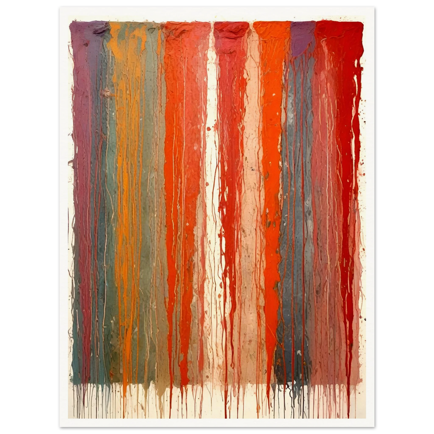 Vertical ribbons of vibrant paint drip down the canvas in layered red, orange, blue, and purple tones against a pale backdrop.