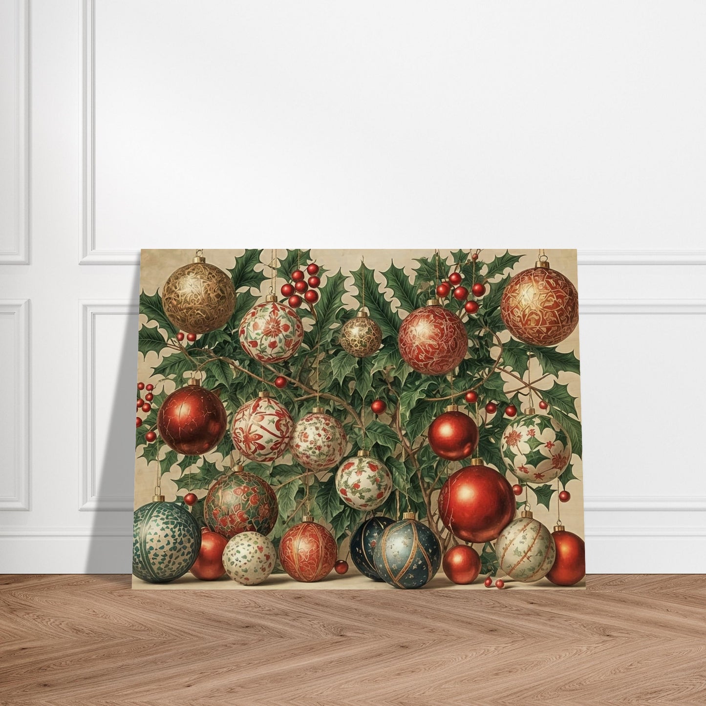 A collection of intricately designed Christmas ornaments in red, gold, and green, hanging from holly branches adorned with berries, creating a festive holiday scene.