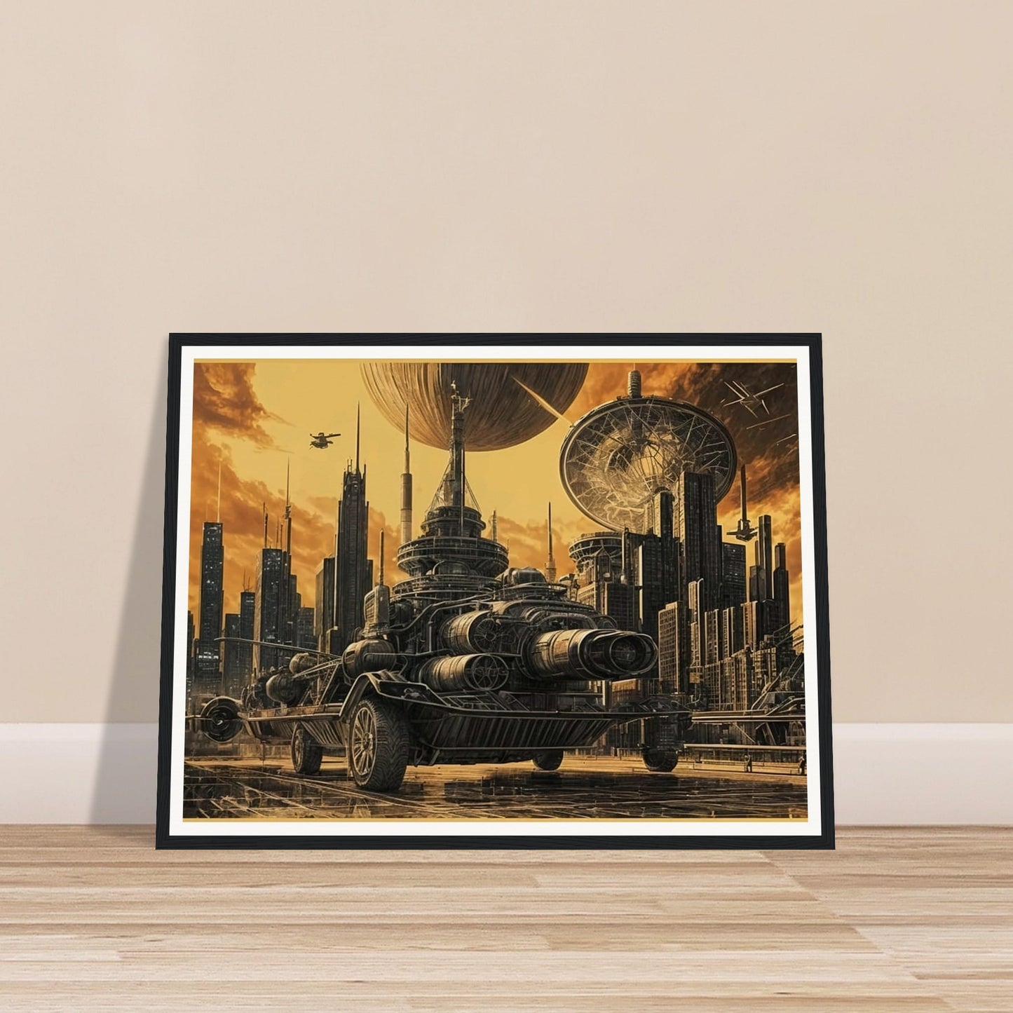 A massive futuristic machine rolls through a towering, industrial city under a golden sky, surrounded by advanced technology and spacecraft.