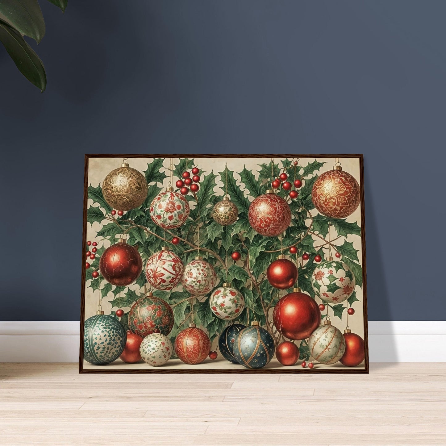 A collection of intricately designed Christmas ornaments in red, gold, and green, hanging from holly branches adorned with berries, creating a festive holiday scene.