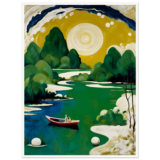 A peaceful river scene with a golden sun, lush green trees, and a small red boat carrying two figures, evoking serenity and wonder.