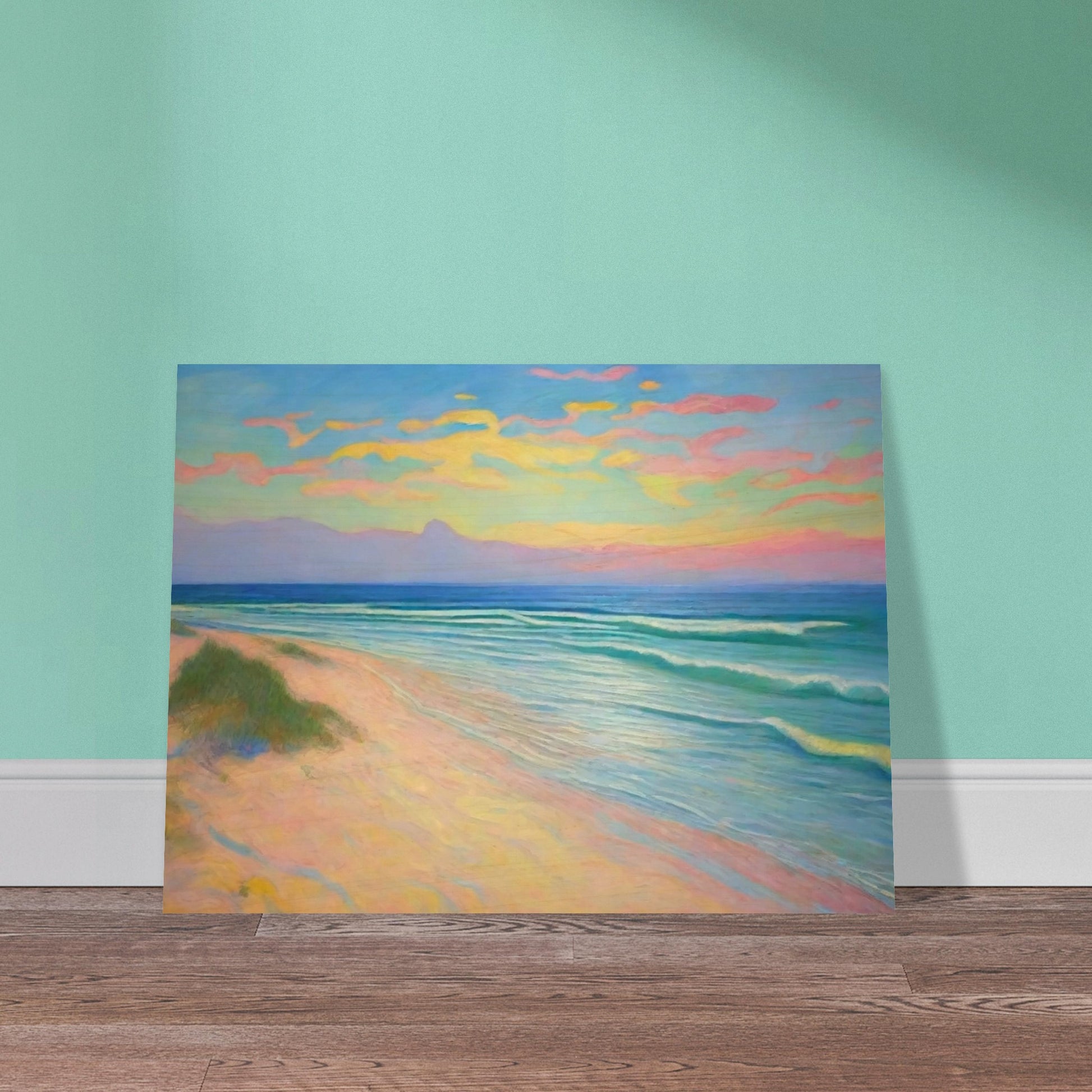 "A serene beach scene with pastel-colored clouds in the sky, gentle waves, and soft sandy shores, creating a peaceful atmosphere."