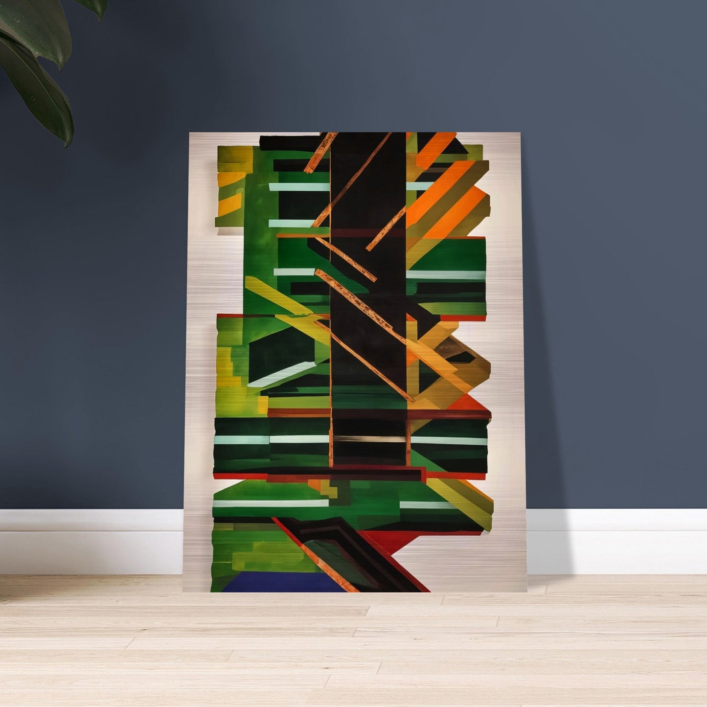 A dynamic and visually engaging abstract painting featuring a complex arrangement of geometric shapes and lines in green, black, orange, and yellow. Central focus on a large black vertical shape with intersecting diagonal and horizontal lines, creating depth and movement.