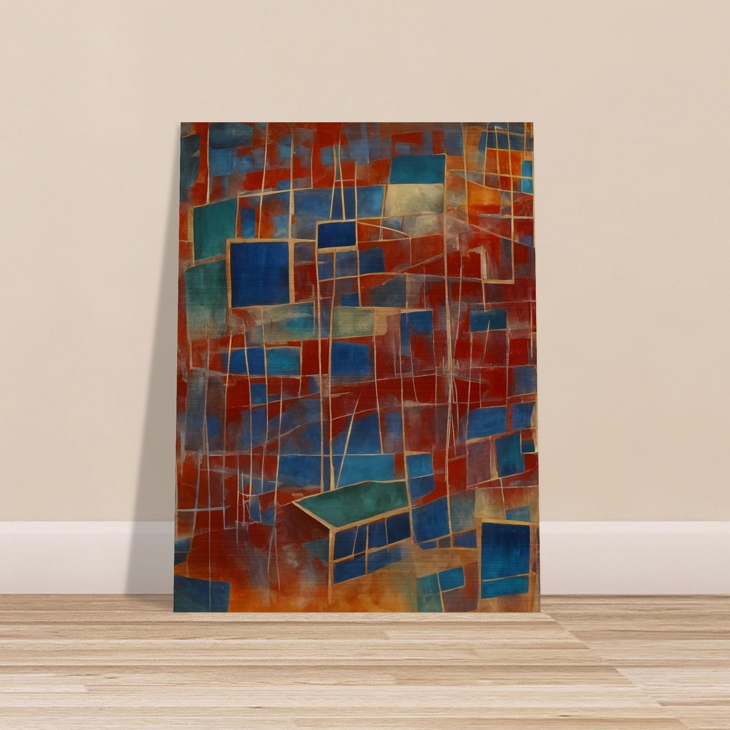 A vibrant composition featuring a network of interconnected blue and red rectangles, creating a dynamic and fragmented visual experience.