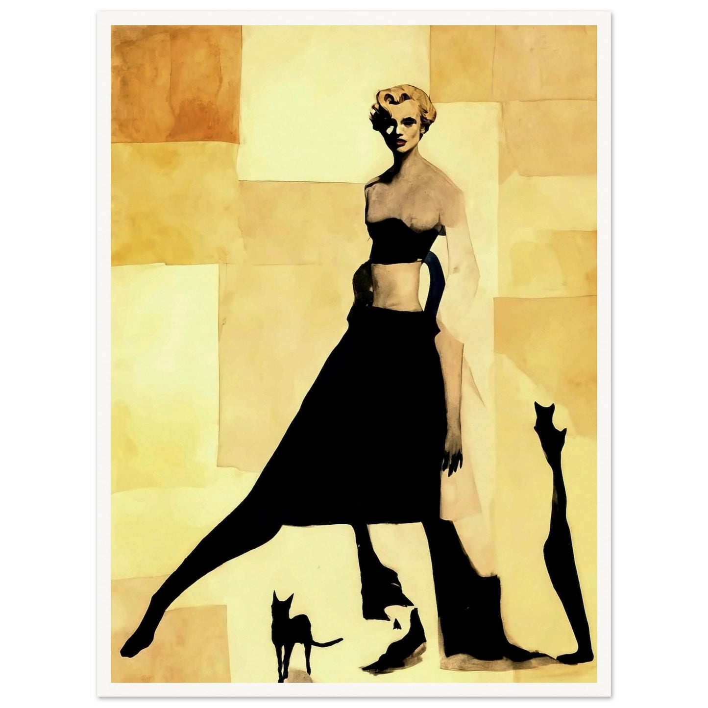"An abstract, minimalist painting of a stylish woman in black silhouette, accompanied by shadowy figures of two cats against a beige background."