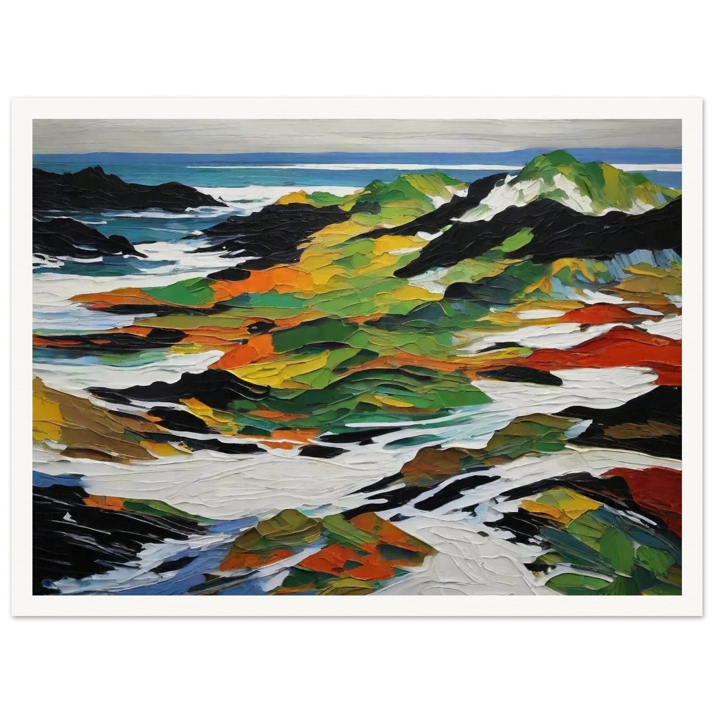 An abstract painting depicting a vibrant coastal landscape. The scene features bold, textured strokes in greens, oranges, yellows, and blacks representing rocky outcrops and vegetation, contrasted with white and blue areas symbolizing the sea and sky.