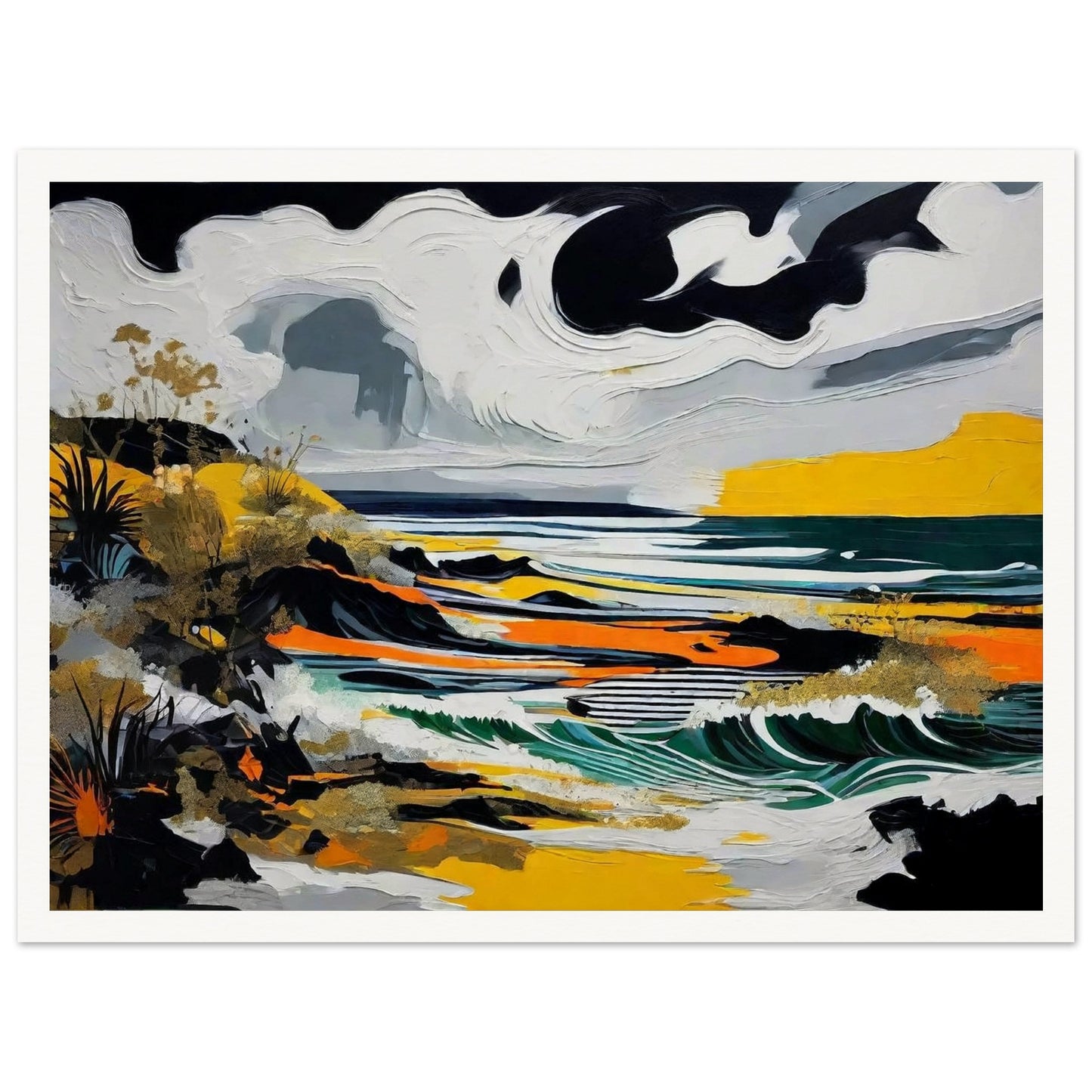 A striking seascape painting with swirling clouds, crashing waves, and bold colors of yellow, black, and green along a rugged coastline.
