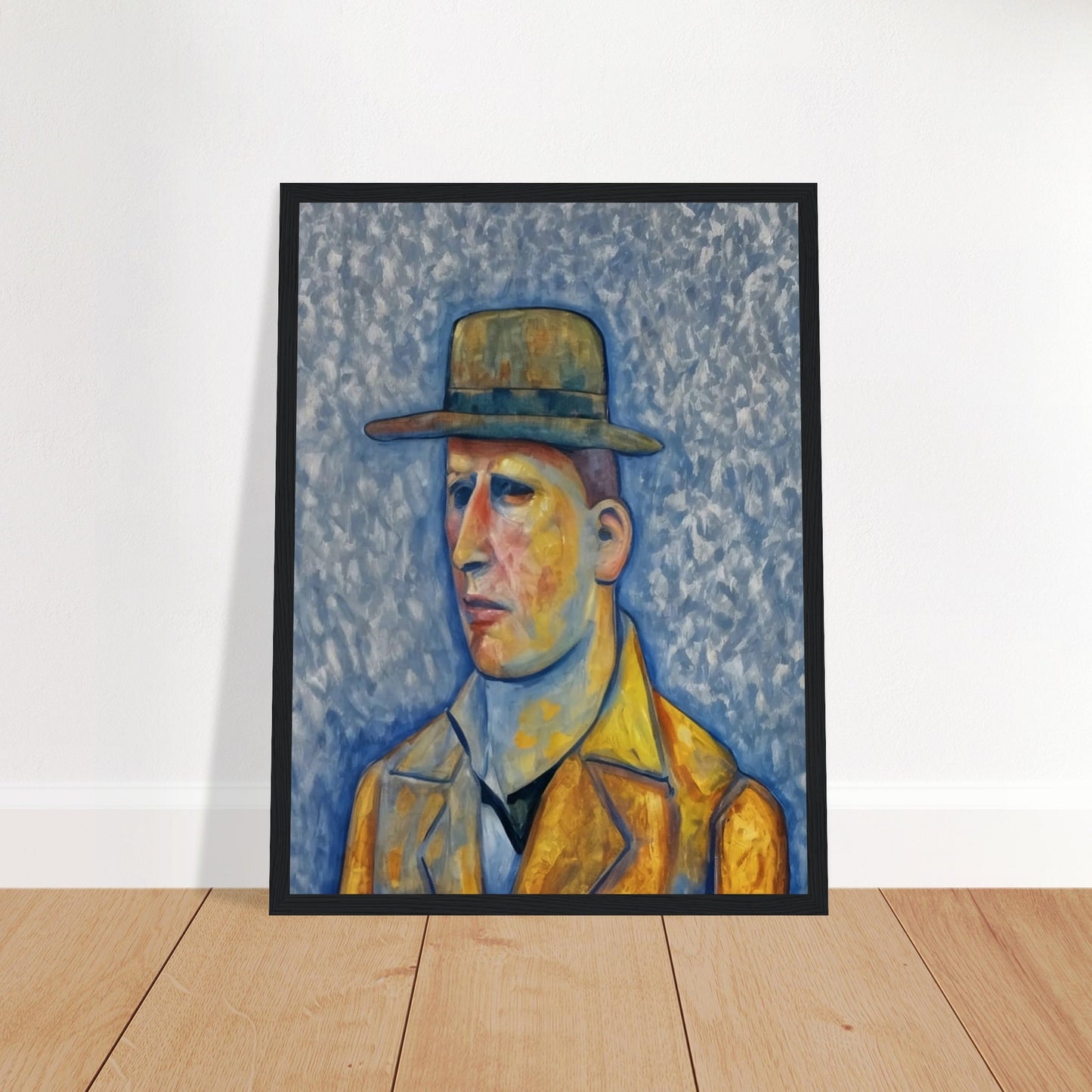 A stylized portrait of a man in a yellow coat and green hat, set against a textured blue background, with a solemn expression on his face.