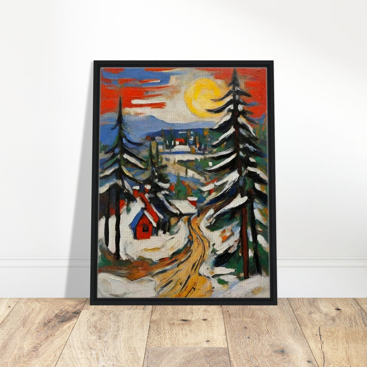 "A vibrant painting of a snow-covered village under a bright yellow sun, with tall pine trees and a winding golden path leading through the scene."