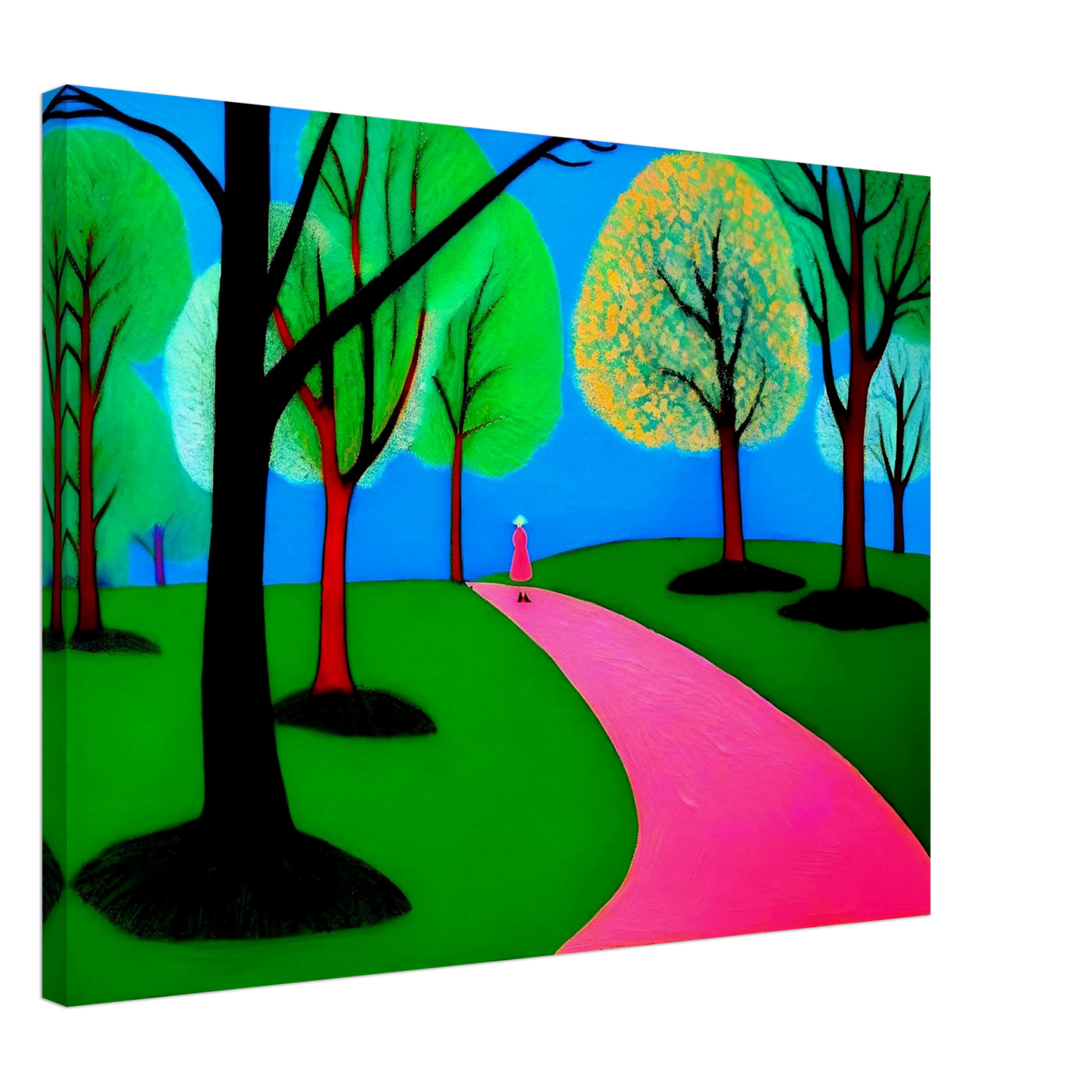 Minimalist landscape with neon green trees, blue sky, and a lone woman walking along a winding bright pink path.