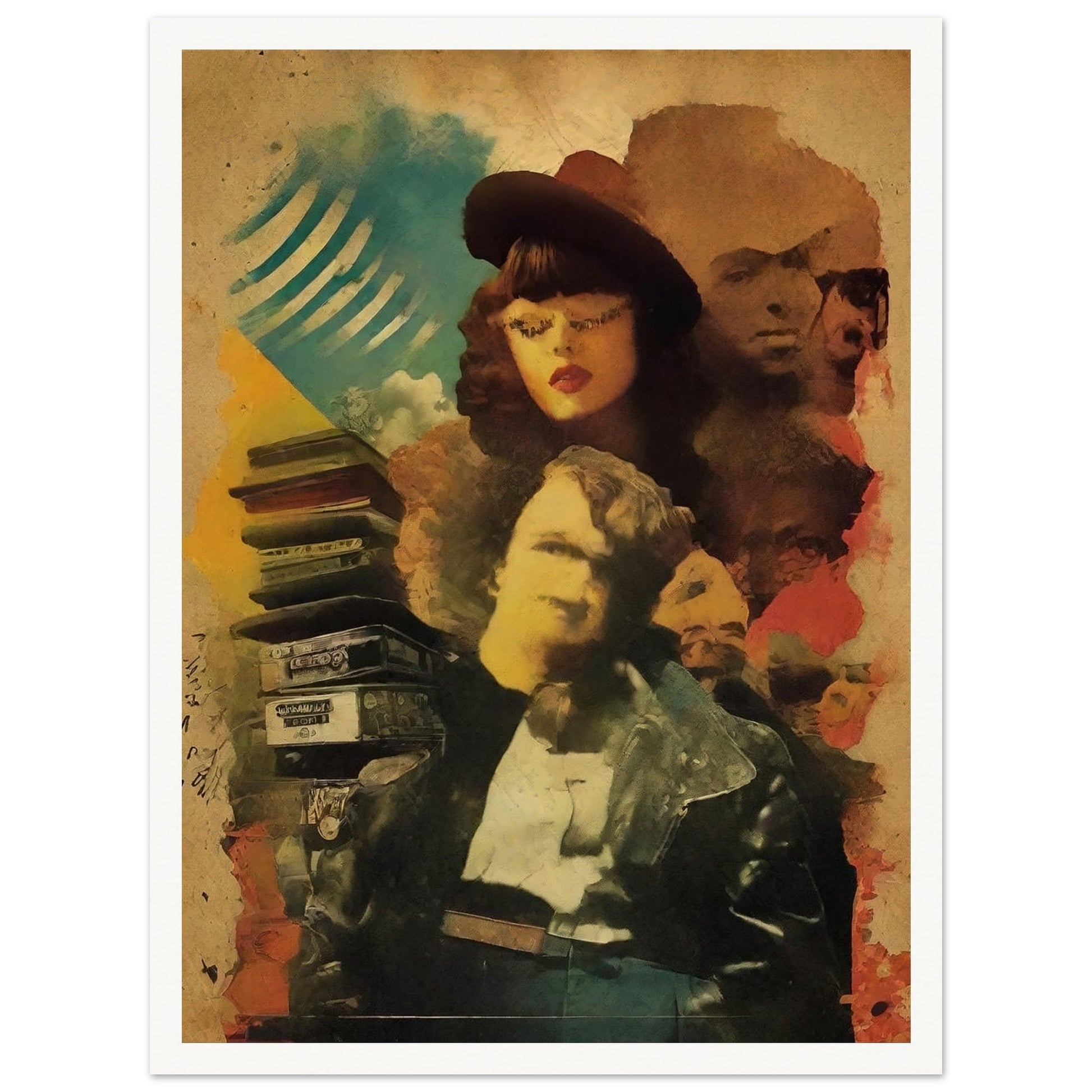Surreal collage of vintage figures, with a woman in a hat and a man in a leather jacket, surrounded by old cassette tapes and faces