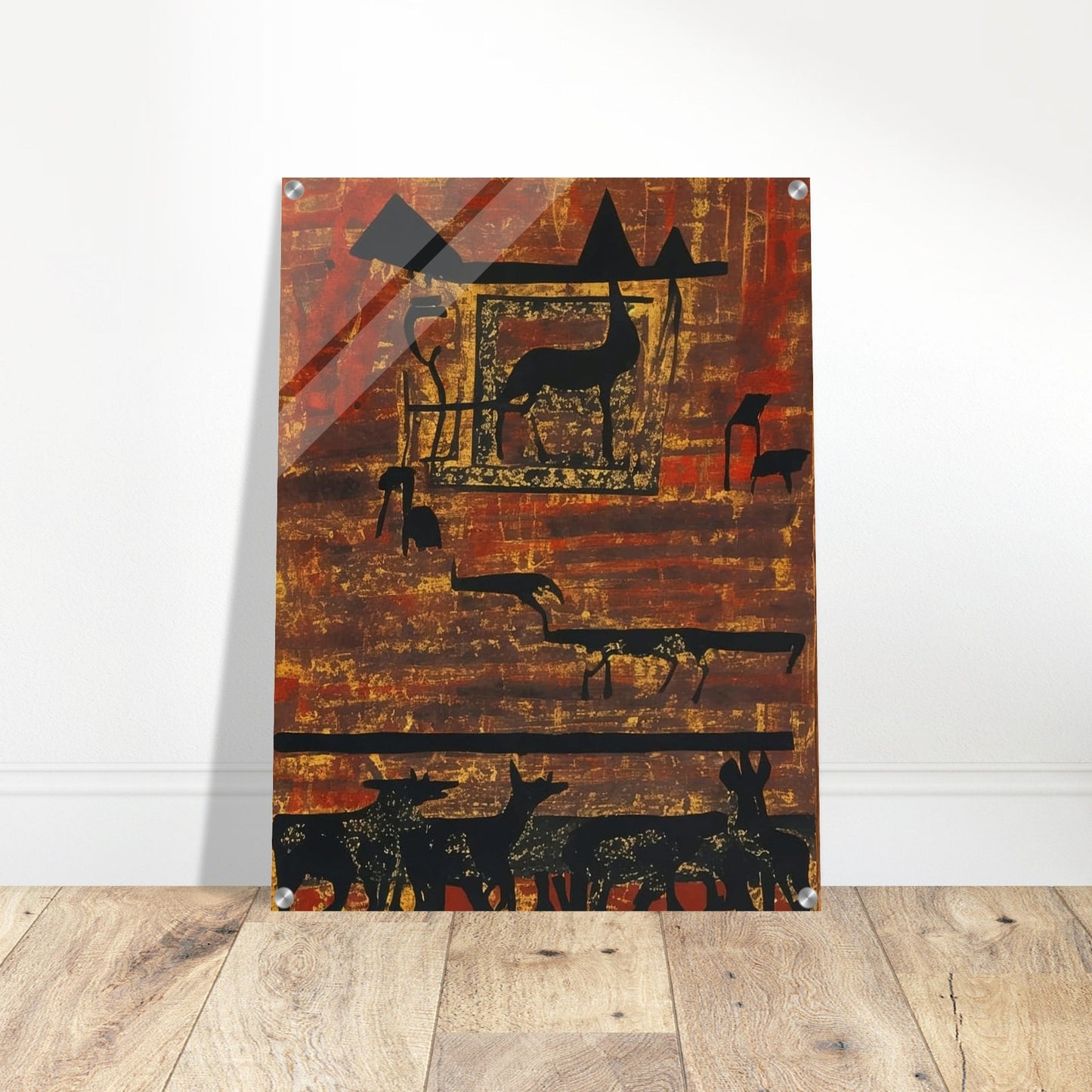 A rustic painting of silhouetted animals and geometric shapes on an earthy, textured background with rich red and brown hues.