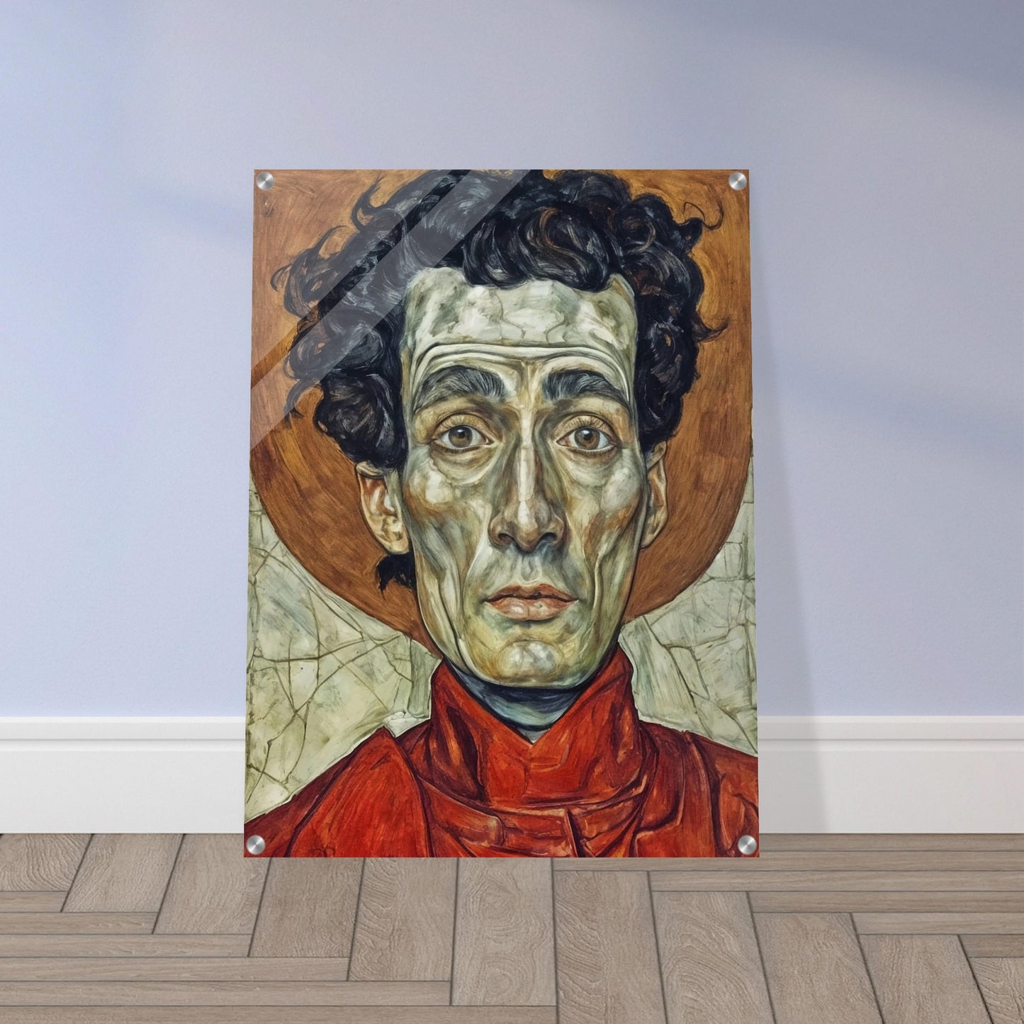 A striking portrait of a man with intense, solemn eyes, painted in vivid reds and browns, capturing a deep sense of weariness and resolve.